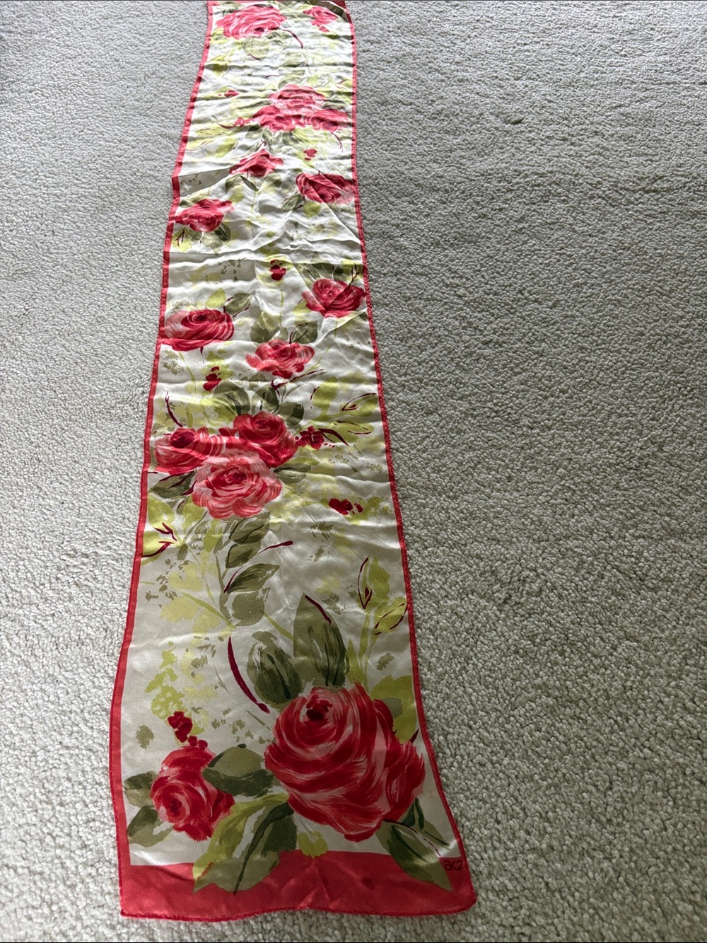 Vintage Anne Klein AK2 Rose and beige Foliage long Silk Scarf red pink
